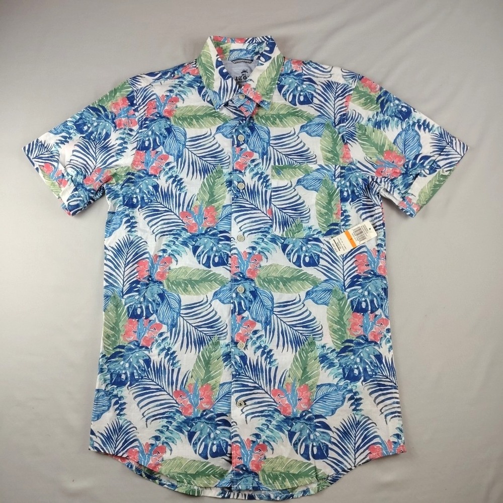 IZOD Saltwater Short Sleeve Button Down Shirt Mens S Blue Tropical Floral NWT